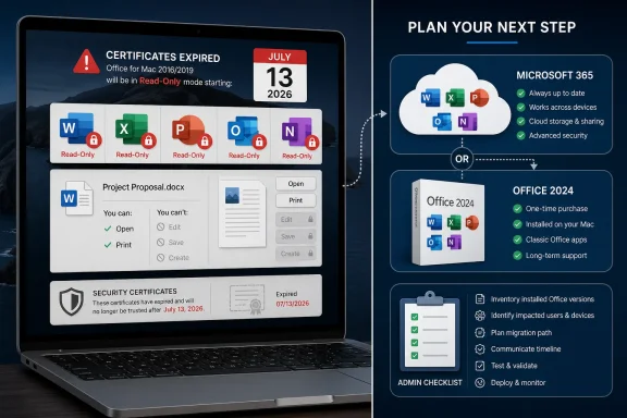 Split-screen graphic shows expiring Microsoft Office certificates and a plan to upgrade to Microsoft 365 or Office 2024. Split-screen graphic shows expiring Microsoft Office certificates and a plan to upgrade to Microsoft 365 or Office 2024.
