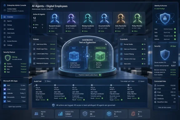 Dashboard showing secure governance of active AI agents with test vs production sandboxes and identity access controls.