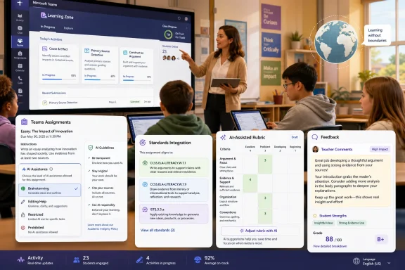Teacher presents a classroom lesson while students view Microsoft Teams learning dashboards on screens.