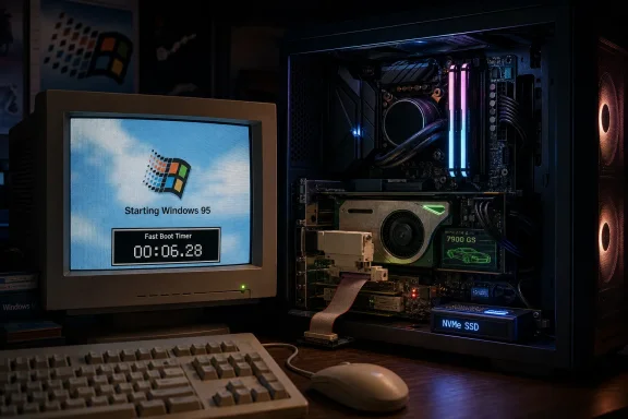 Retro computer monitor shows “Starting Windows 95” while a lit PC tower displays RGB hardware and an NVMe SSD.