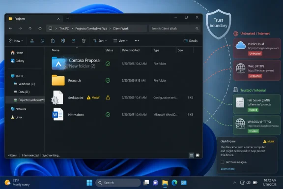 Windows File Explorer shows client work folders with trust boundary icons for untrusted and trusted sources.
