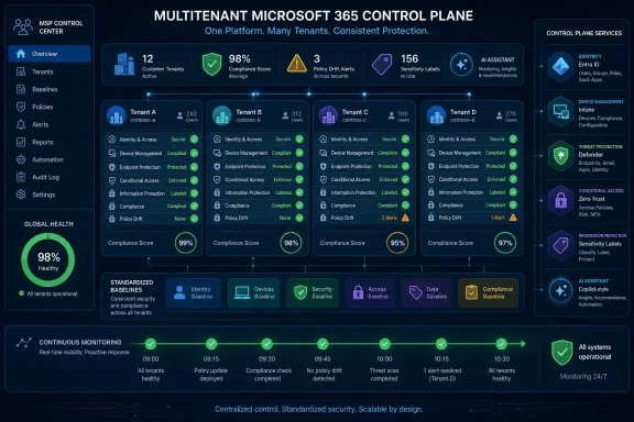Dashboard showing multitenant Microsoft 365 security compliance metrics and control-plane services for several tenants. Dashboard showing multitenant Microsoft 365 security compliance metrics and control-plane services for several tenants.