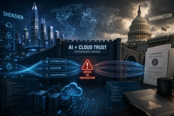 Digital “AI + Cloud Trust” governance scene with global network, Shenzhen and Washington landmarks, and policy documents.