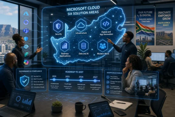 Team in a modern office presents a Microsoft Cloud map with security, data, and AI solutions for Africa.