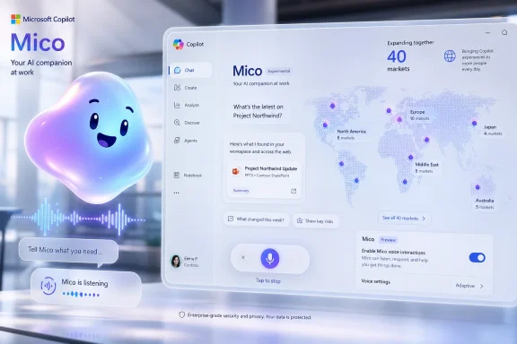 Microsoft Copilot “Mico” AI voice assistant interface with a smiling hologram and world market map.