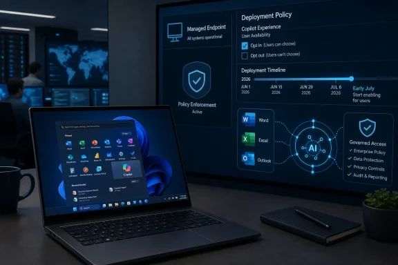 Laptop on a desk displays a corporate dashboard for AI deployment policy, governed access, and rollout timeline.
