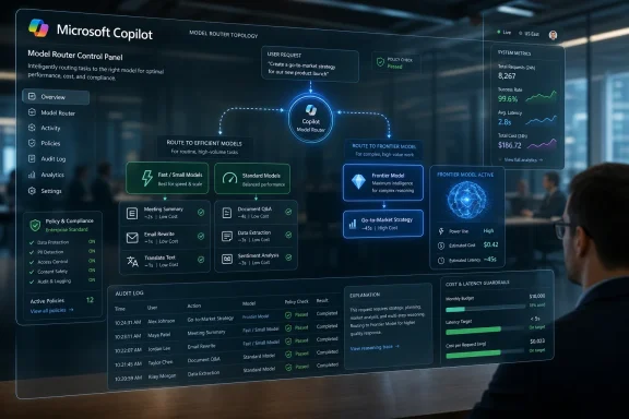 Microsoft Copilot Model Router Control Panel dashboard with routing, policy checks, and system metrics.