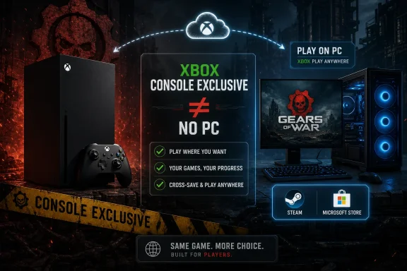 Xbox console exclusive promo with “Play on PC” messaging, controller, PC, and Gears of War graphics.