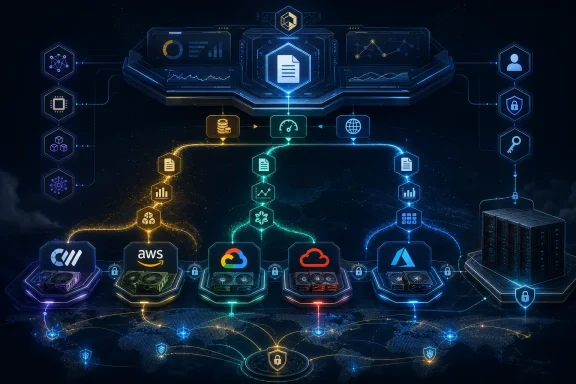 Futuristic cloud computing diagram with connected server icons, security locks, and analytics on a world map.