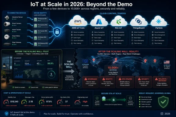 IoT scaling infographic showing secure device management from 5 demos to 10,000+ devices across regions in 2026.