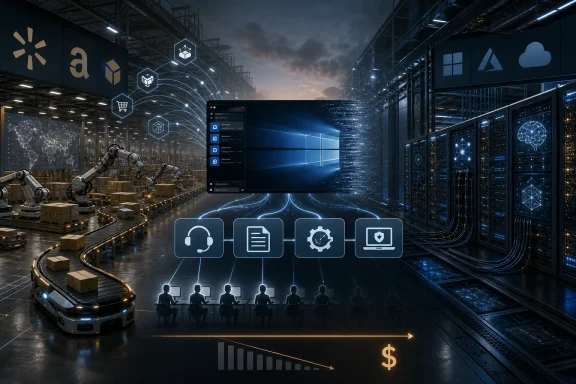 Futuristic warehouse with robots, server racks, and cloud/cyber icons showing secure data processing.