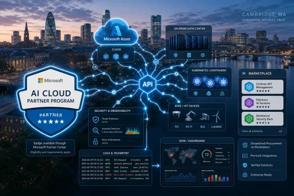 Microsoft Azure AI cloud network graphic over a Cambridge, MA city skyline with server, API, and security panels.
