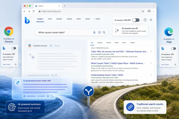 Screenshot of Bing search UI showing “AI answers” toggle and ocean tides query, with browser and landscape overlay.