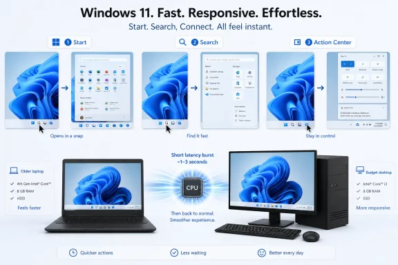 Advertisement graphic for Windows 11 showing fast, responsive UI with laptop/desktop setups and feature labels. Advertisement graphic for Windows 11 showing fast, responsive UI with laptop/desktop setups and feature labels.