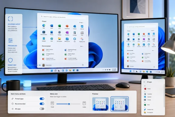 Two monitors display Windows Start menu customization panels on a desk with keyboard and mouse.