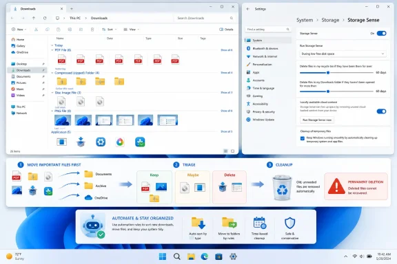 Windows Storage Sense settings screen with a cleanup/organization guide and file category thumbnails.