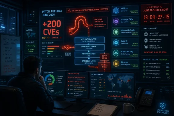 Security analyst monitors a cybersecurity dashboard showing active network worm detection and CVE patch status.