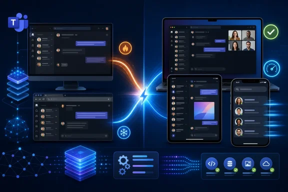 Blue digital network scene showing connected desktops, tablet, and phone exchanging messaging and sync icons.