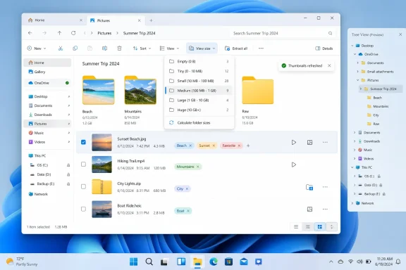 Windows File Explorer shows “Summer Trip 2024” photo folders and thumbnails with a folder-size summary panel.