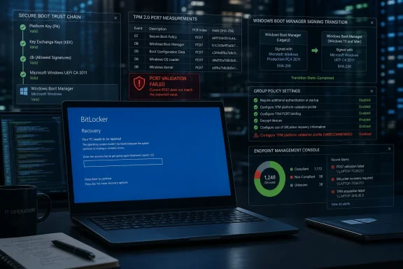 Laptop shows BitLocker recovery screen with secure boot trust chain and TPM validation failure dashboards.