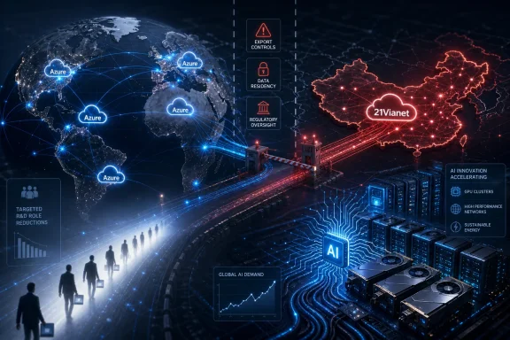 Futuristic AI data network image showing global routes, cloud nodes labeled “Azure,” and “21Vianet” analytics.