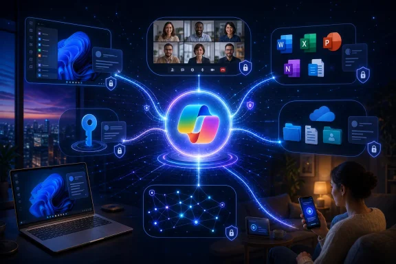 Digital cybersecurity hub with cloud apps and secure remote access across devices in a futuristic network.