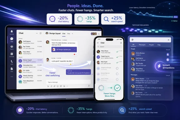 Digital interface ad showing chat, mentions, and speed boosts with laptop and smartphone visuals.