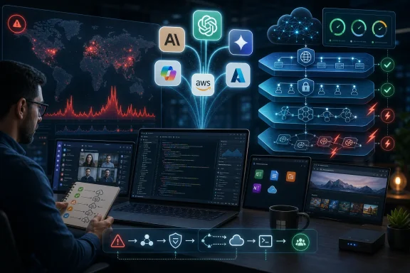 Man monitors cloud and AI network pipelines with glowing icons, alerts, and coding dashboards at a desk.