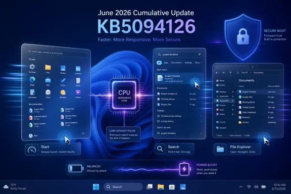 Futuristic Windows UI graphic showing June 2026 KB5094126 update with secure, faster and responsive features. Futuristic Windows UI graphic showing June 2026 KB5094126 update with secure, faster and responsive features.