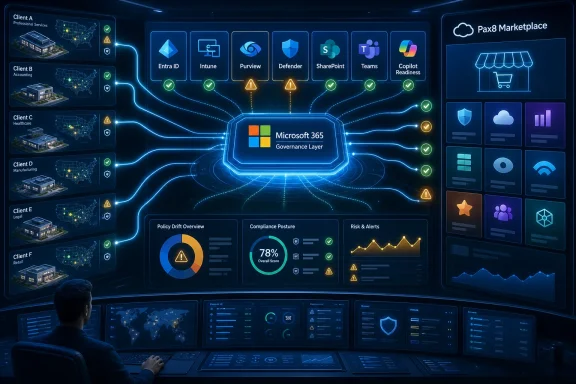Futuristic dashboard shows Microsoft 365 governance with clients, security alerts, and analytics charts.