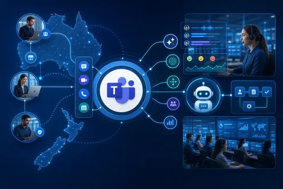 Blue digital network interface showing remote conferencing, AI chatbot, and global collaboration visuals.