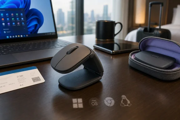 Office desk setup with a laptop, wireless mouse, ID badge, and travel mug by a window.