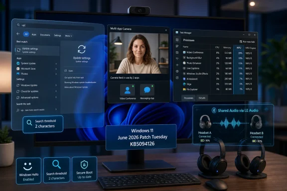 Windows 11 UI preview shows camera sharing, task manager processes, and patch info with headsets on a desk. Windows 11 UI preview shows camera sharing, task manager processes, and patch info with headsets on a desk.