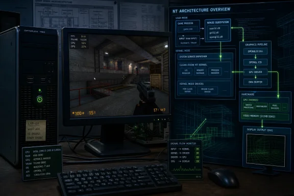 Gaming PC setup running FPS stats with a “NT architecture overview” diagram beside a monitor showing a shooter scene.