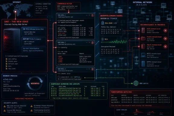 Cybersecurity dashboard showing a suspected web-shell compromise, encrypted command channel, and internal network reconnaissance.