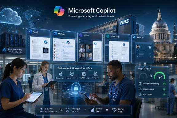 Healthcare workers view Microsoft Copilot dashboards in a modern NHS hospital at night.
