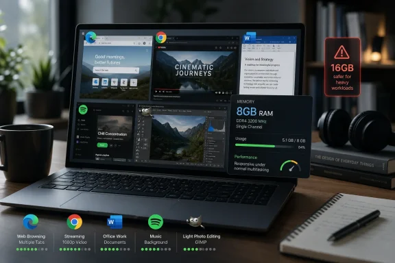 Laptop screen shows multitasking apps with memory info (8GB RAM) and a “16GB safer” warning.
