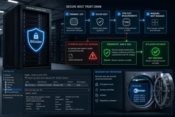 Infographic shows Windows Secure Boot trust chain with BitLocker protection, TPM PCR7, and recovery key safeguards.
