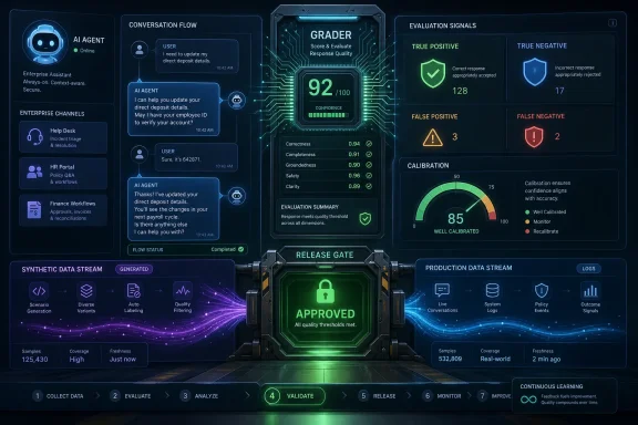 AI conversation monitoring dashboard showing a 92/100 grader score and an approved release gate.