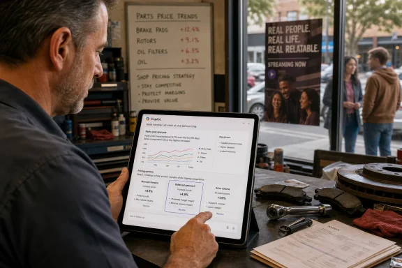 A mechanic reviews a parts price analytics dashboard on a tablet in an auto shop.