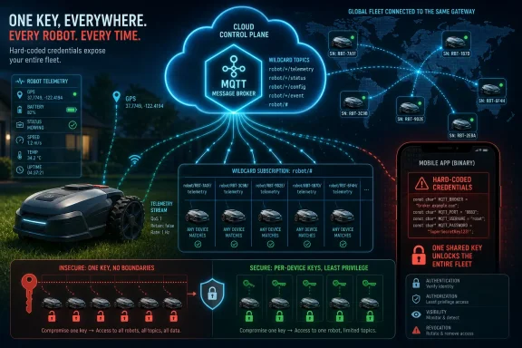 Diagram shows a fleet of robots connecting to a cloud via MQTT, emphasizing secure per-device keys.