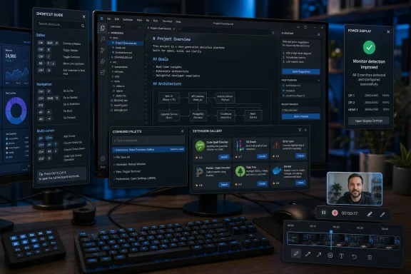 Developer shows VS Code interface with project docs, command palette, and extension gallery on a desktop.