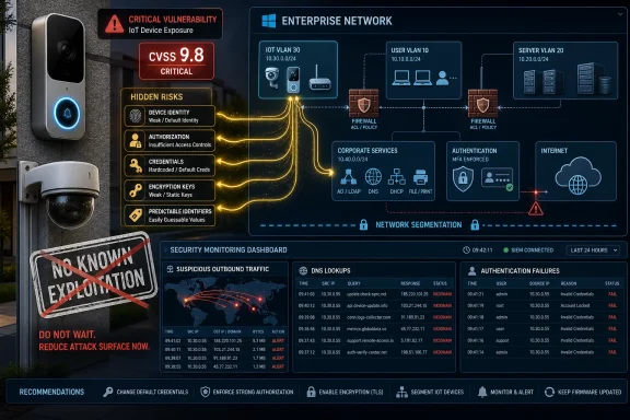 Cybersecurity infographic shows critical CVSS 9.8 IoT device exposure with network segmentation and monitoring alerts.