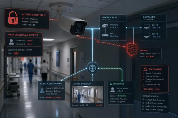 Surveillance hallway with camera, network diagram, and alerts showing blocked access due to weak credentials.
