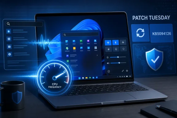 Futuristic laptop display with “Patch Tuesday,” KB5094126 update, security shield, and CPU frequency gauge. Futuristic laptop display with “Patch Tuesday,” KB5094126 update, security shield, and CPU frequency gauge.
