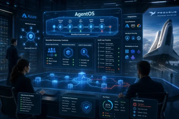 Two analysts review an AgentOS workflow dashboard beside an Apollo-style Pegasus launch in a futuristic server room.