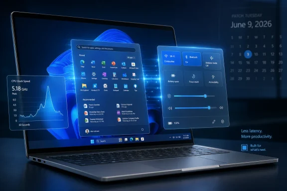 Luminous laptop displays Windows 11-style multitasking widgets and control panels with system stats.