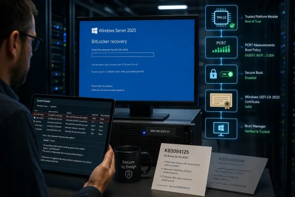 Technician reviews Windows Server 2025 BitLocker recovery and secure boot status on a server console.