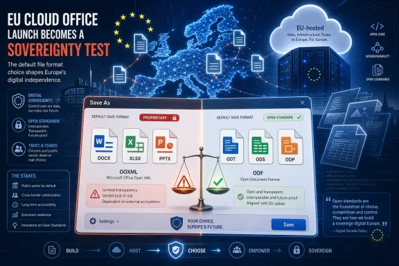 EU-themed cloud office poster showing a “Save As” choice between proprietary and open standard document formats.