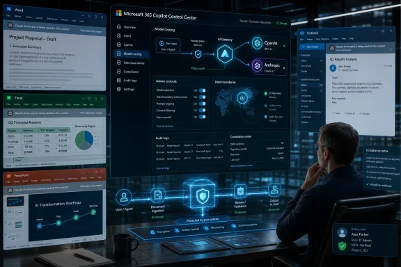 A man reviews a Microsoft 365 Copilot compliance dashboard on multiple office screens in a secure data center.